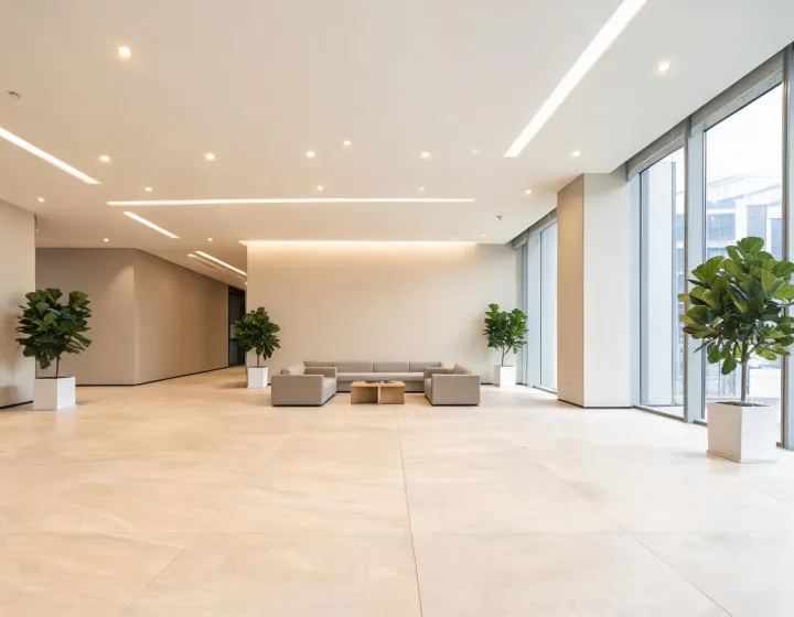 Large-format Marazzi porcelain floor tile in modern lobby
